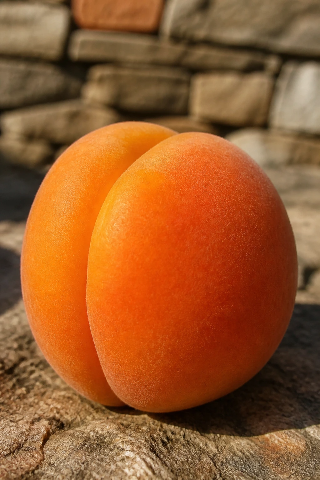 Apricot against rustic stone wall with warm light