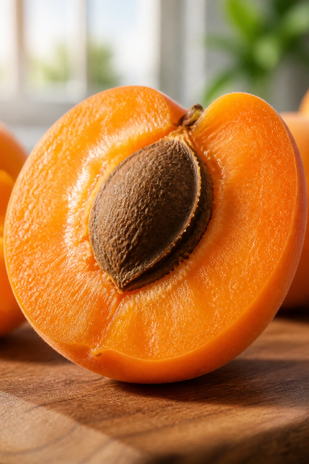 Cross-section of apricot showing orange flesh and seed