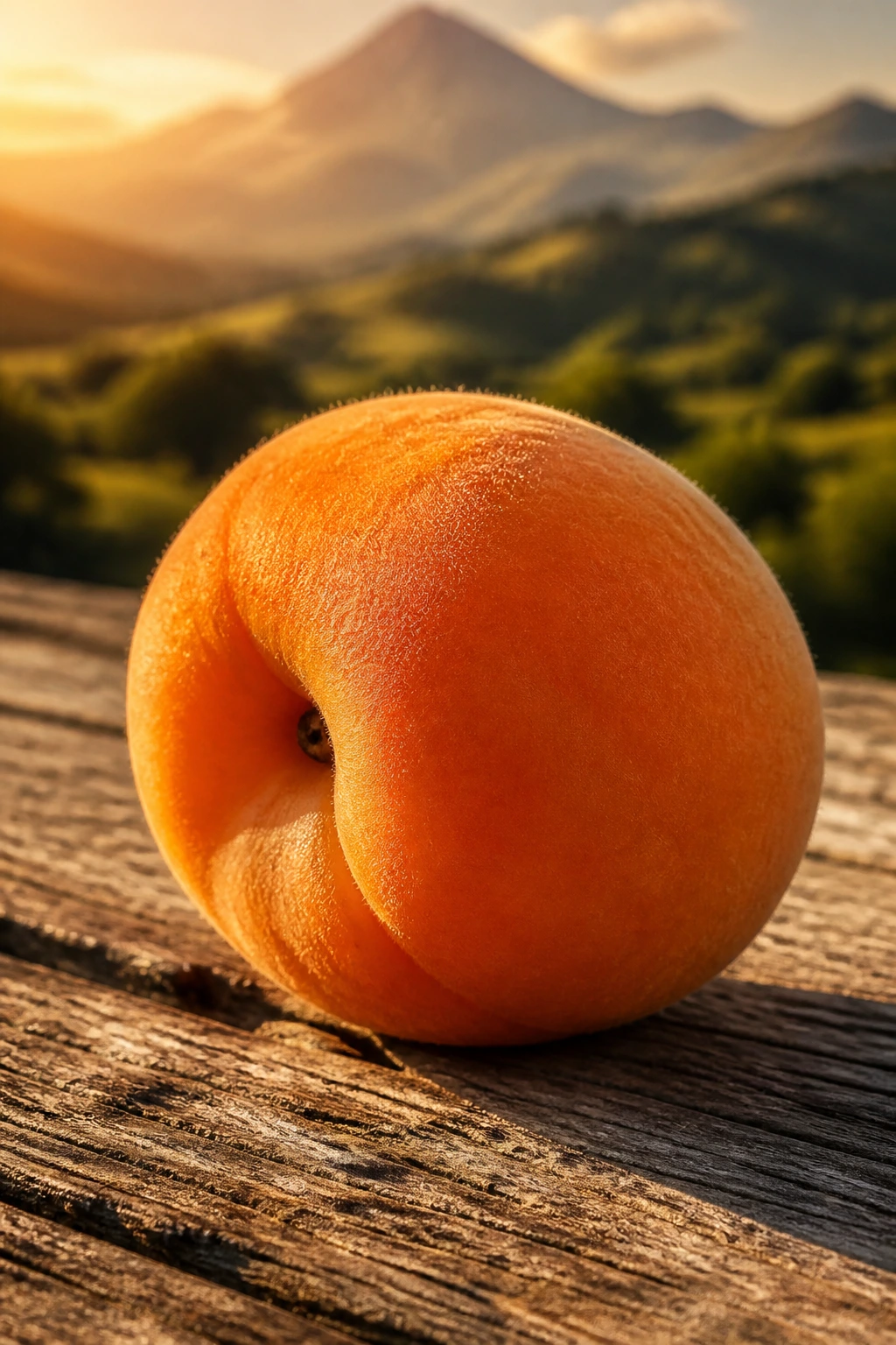 Apricot on wood with distant Armenian highland background
