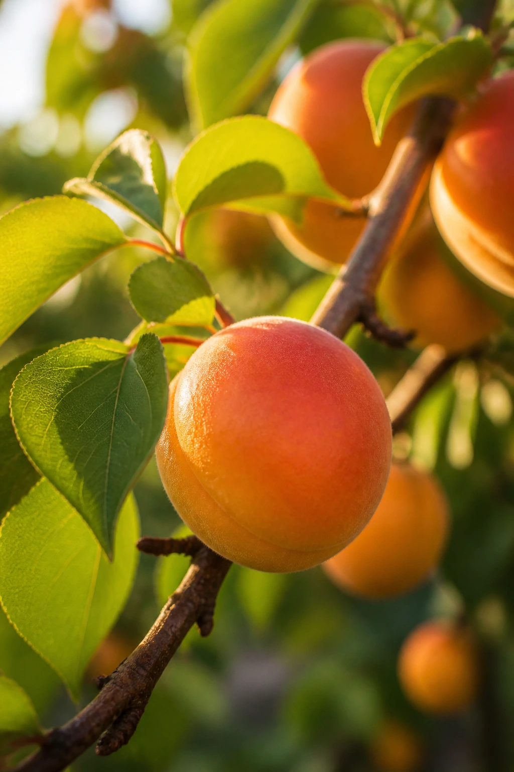 Close-up of an apricot on an apricot tree branch in a sunlit orchard (Prunus armeniaca).