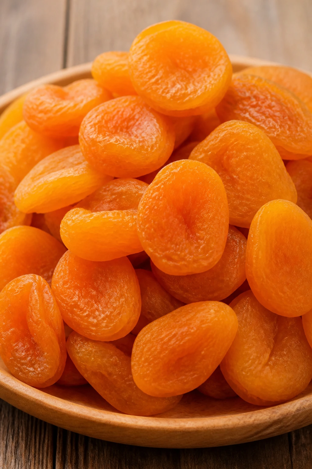Close-up of dried apricots filling frame on wooden surface