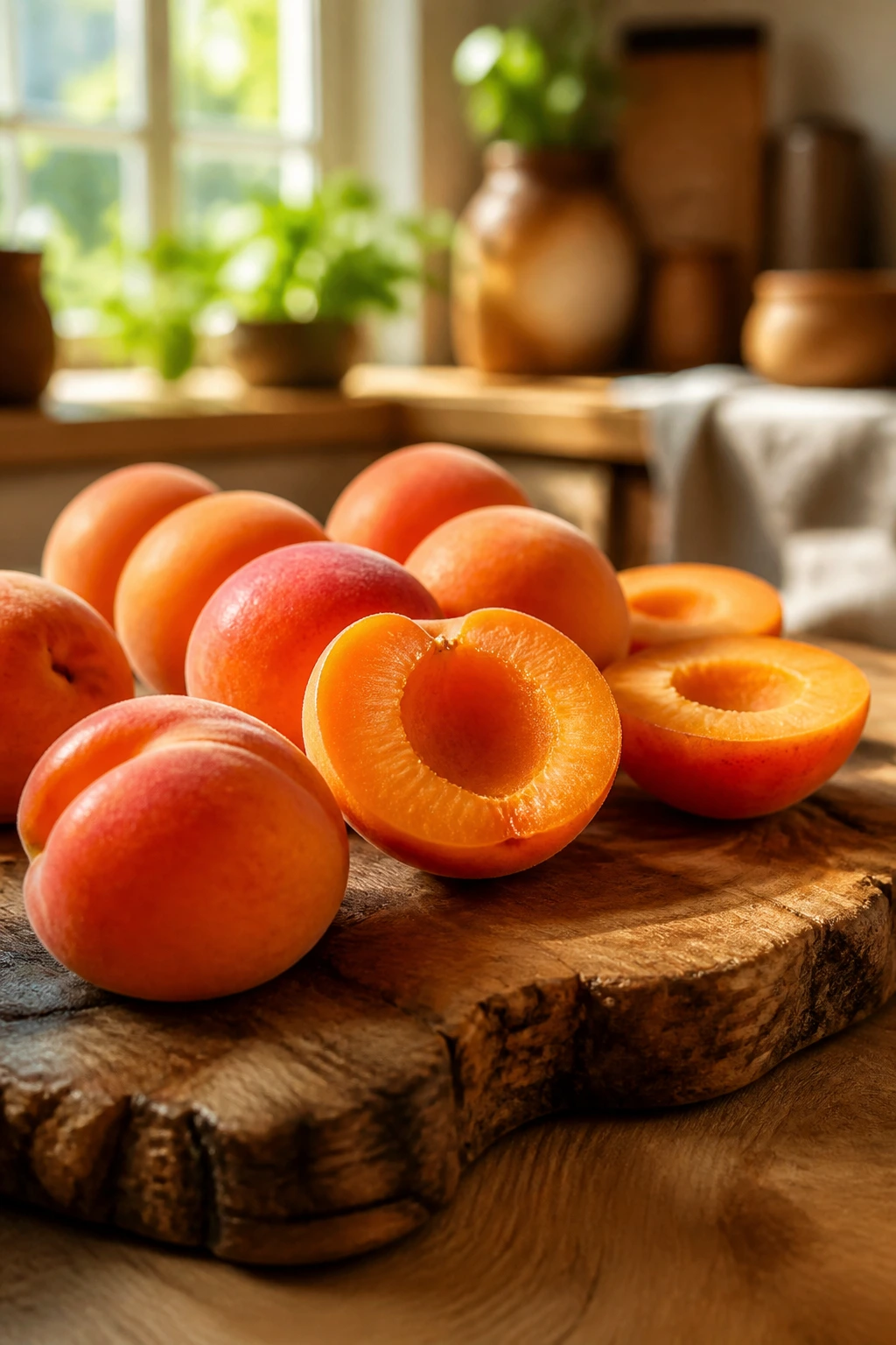 Close-up of ripe apricots on rustic cutting board with vivid orange flesh