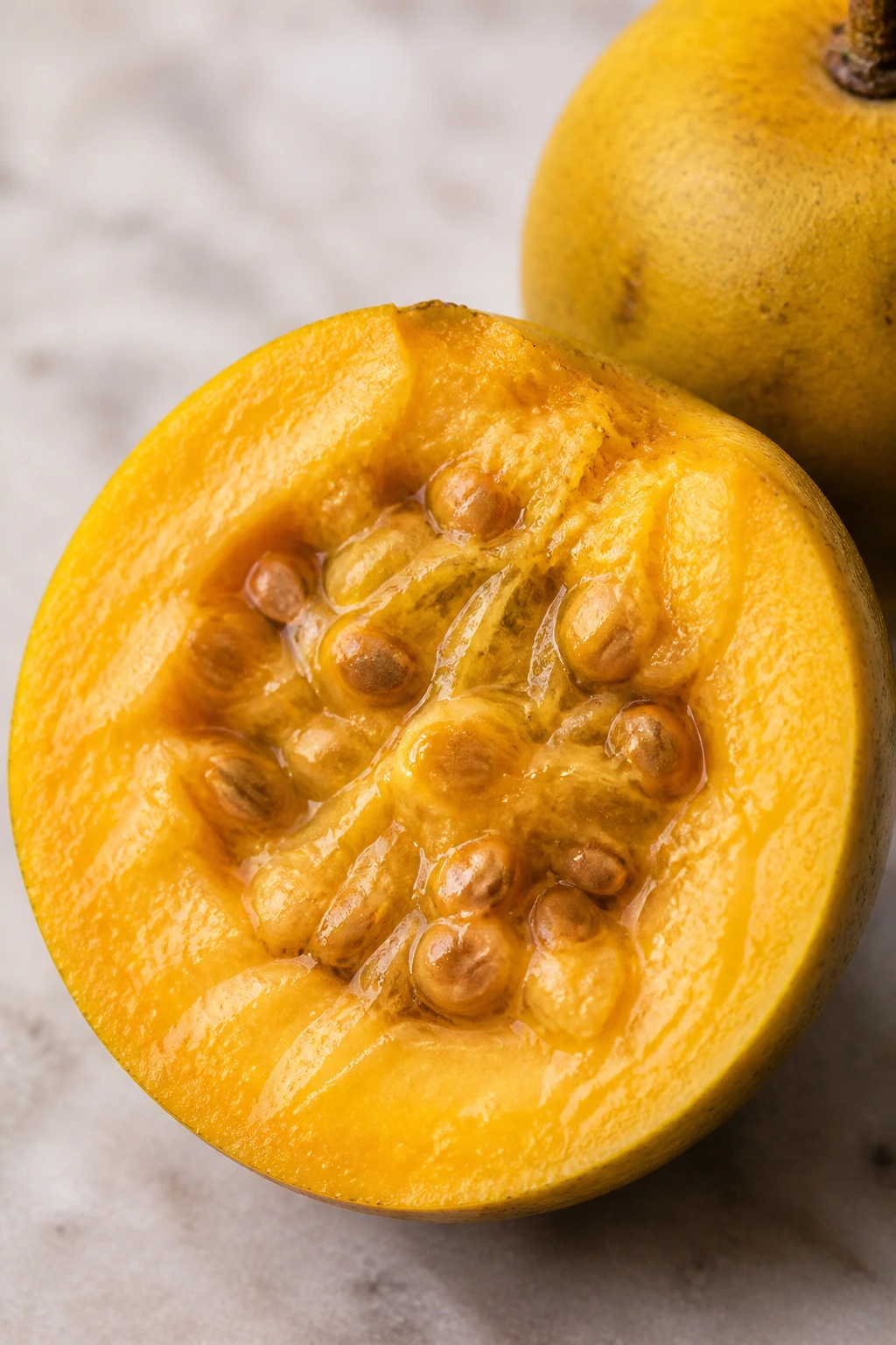 Cross-section of sliced Arazá showing orange flesh and seeds