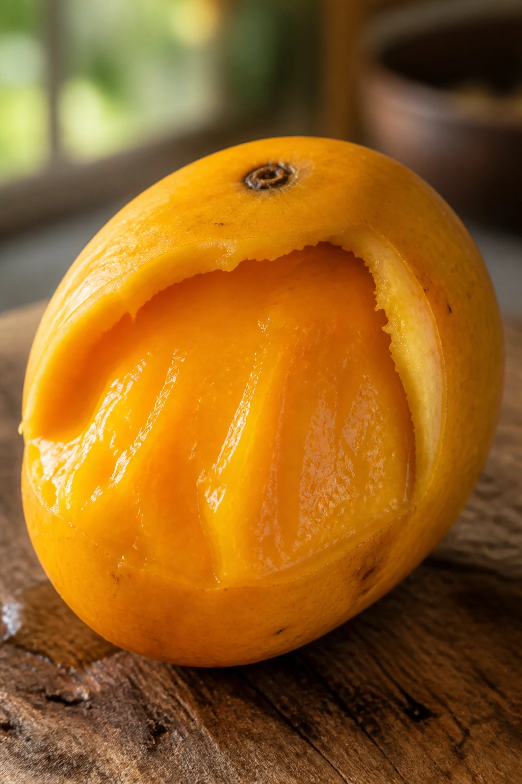 Close-up of a ripe Arazá fruit with glossy skin on a wooden surface