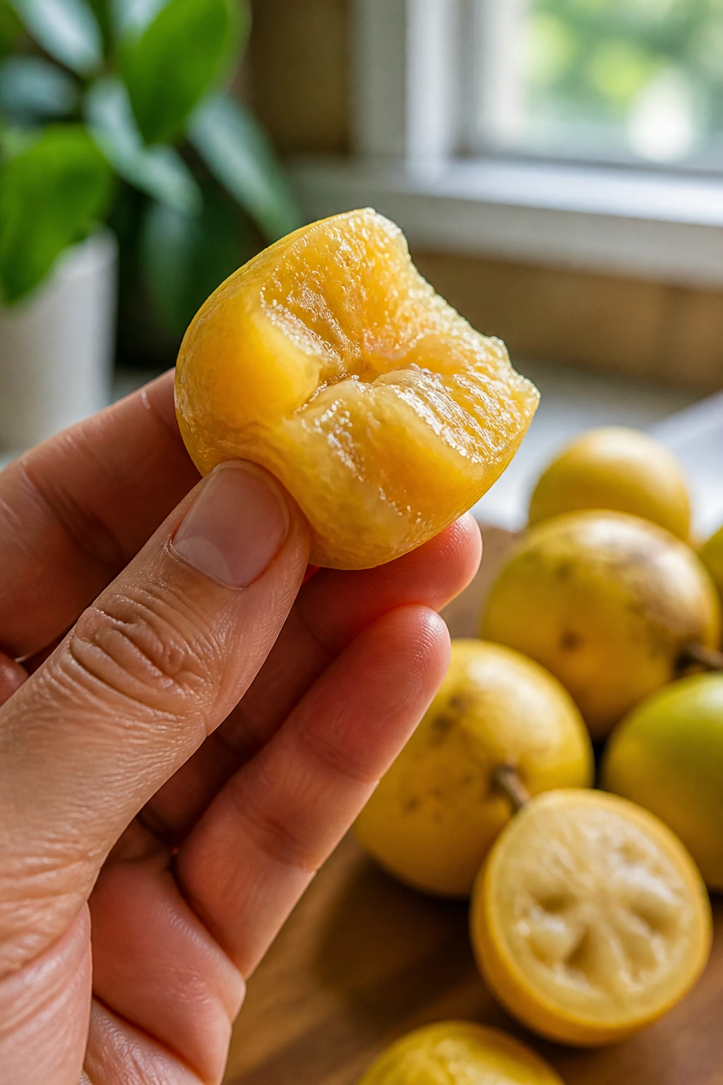 Hand holding peeled Araza fruit piece ready to eat
