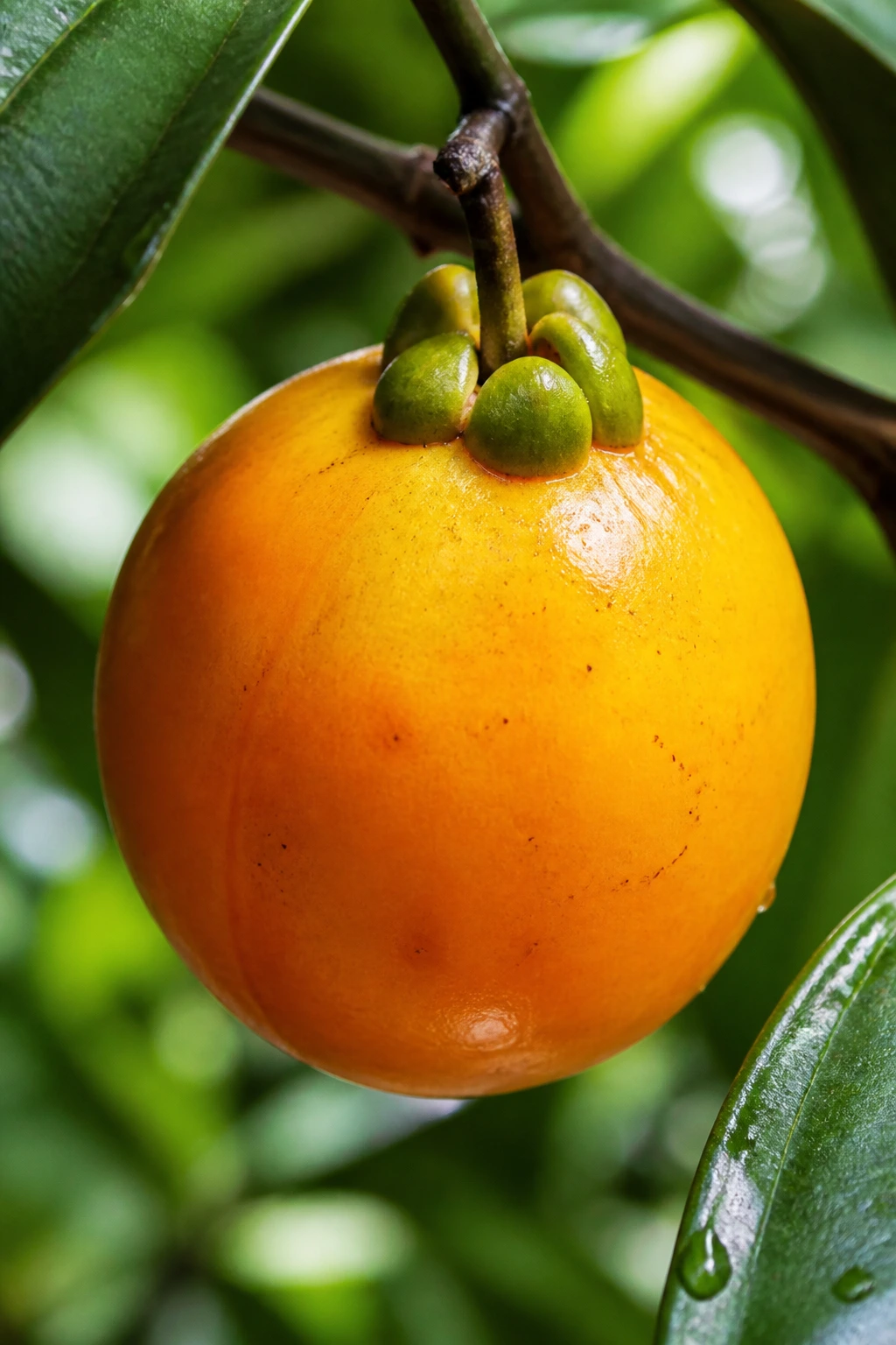 Arazá fruit in bright light with tropical leaves in the background