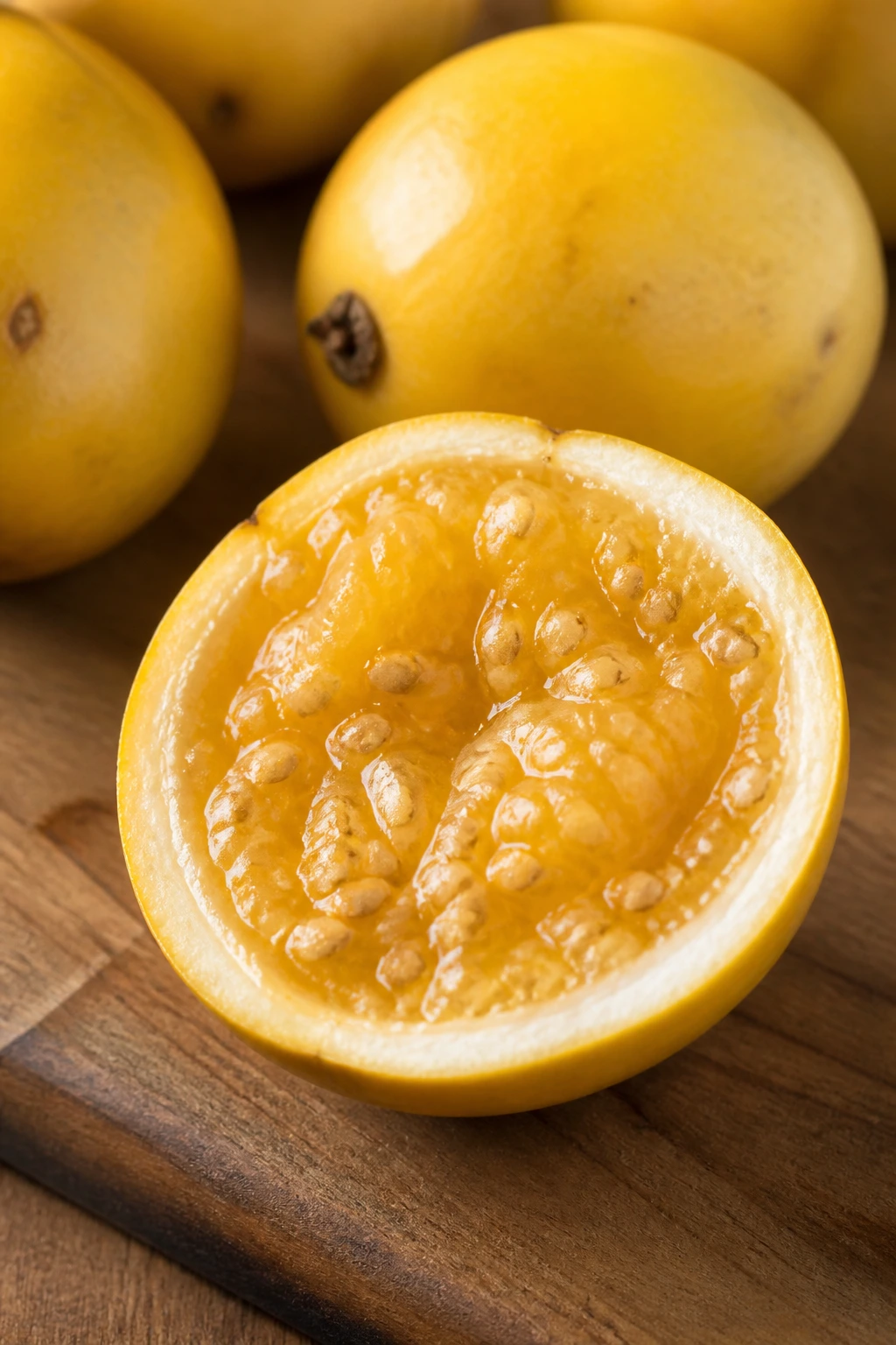 Close-up of halved Araza fruit with bright yellow pulp on wood cutting board