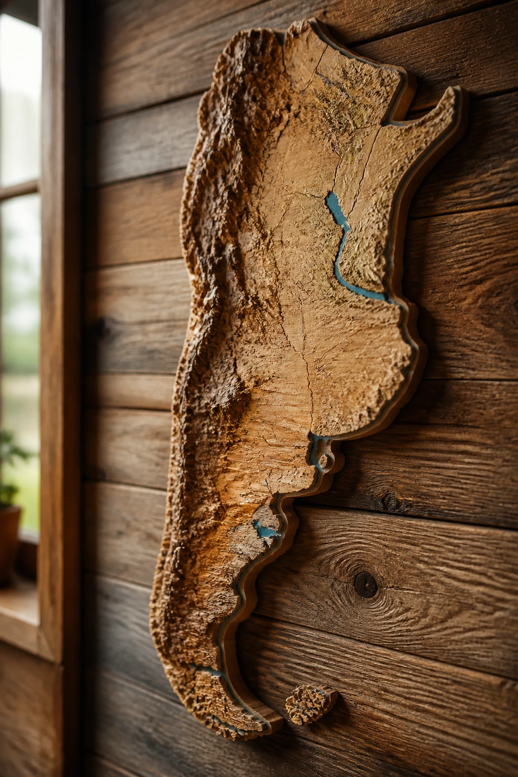 Close-up of a wooden map of Argentina filling the frame in warm light
