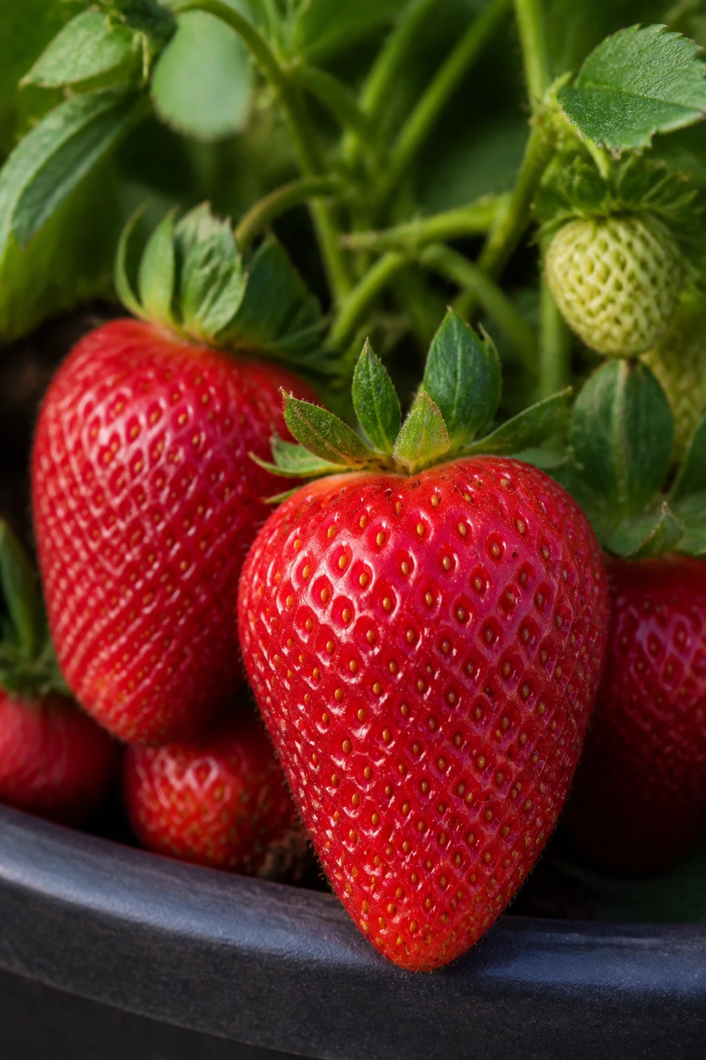 20 Popular Varieties Of Strawberries - And Which To Choose 16 Close-up of Armada strawberries on the plant in a sunny garden.