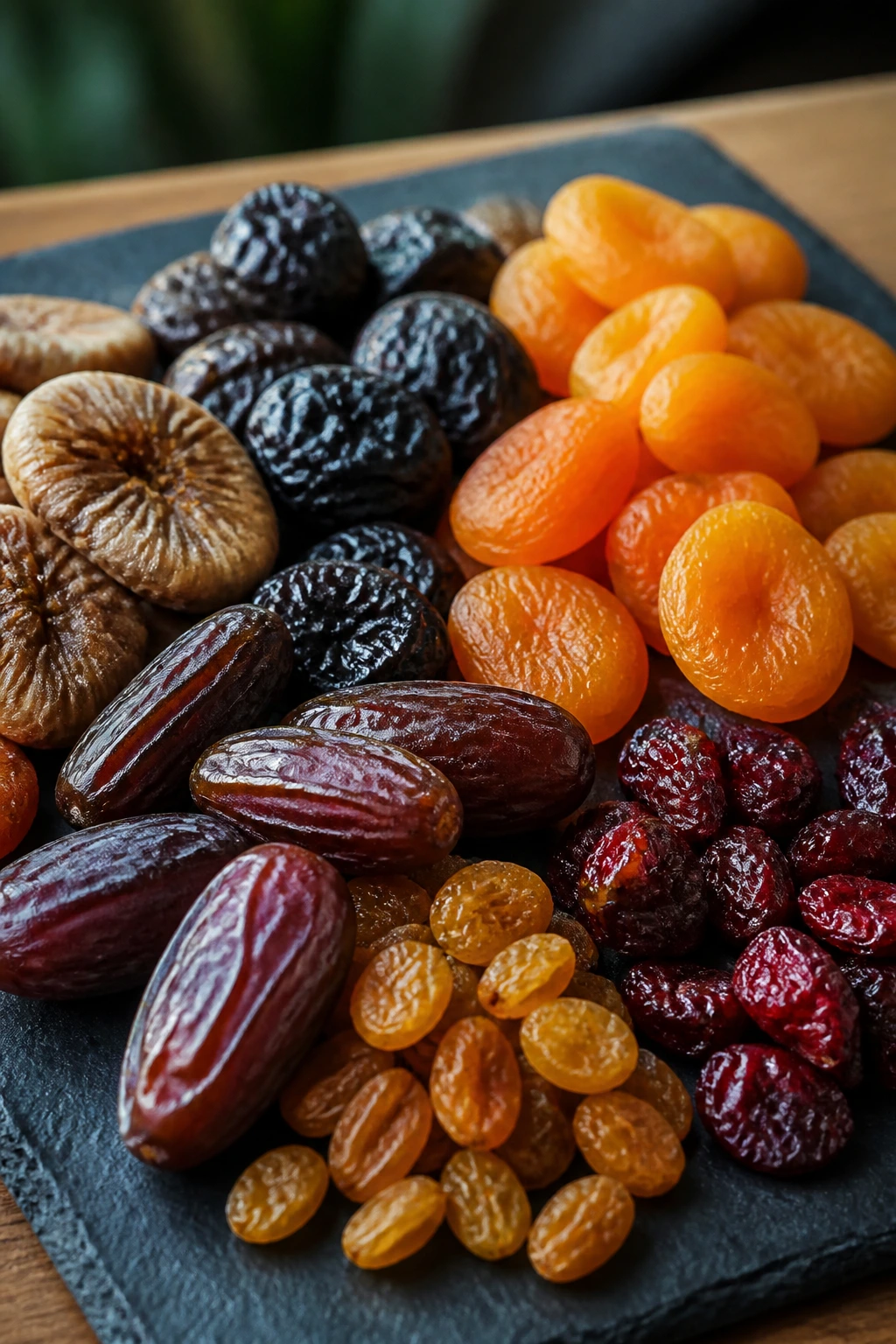 Assorted dried fruits on slate board