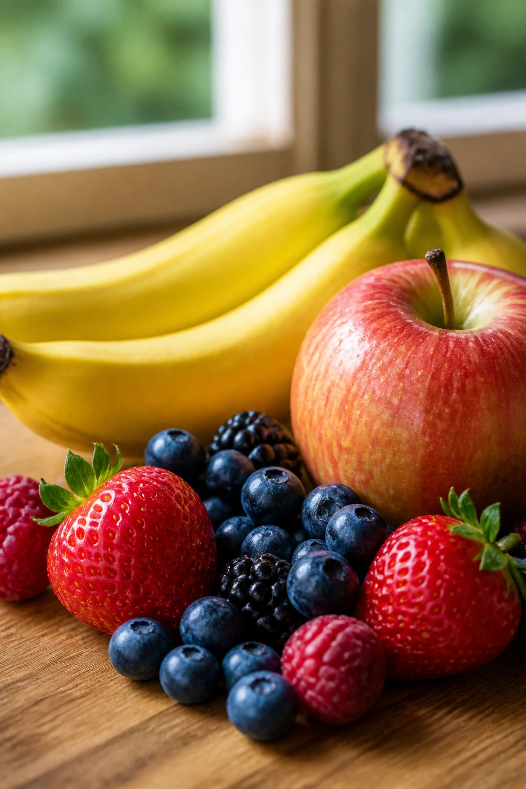 Is It Good To Eat Fruit Before & After A Workout? 3 Close-up cluster of assorted fruits on a wooden surface.