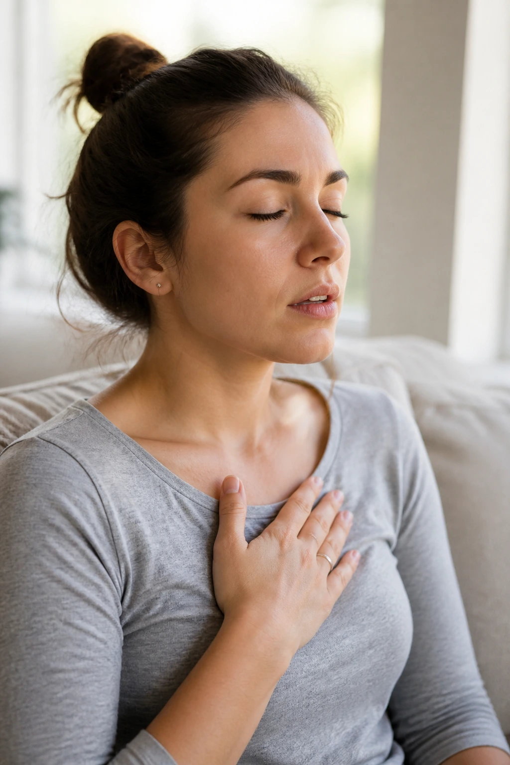 Close-up of a real person's chest in a calm breathing pose