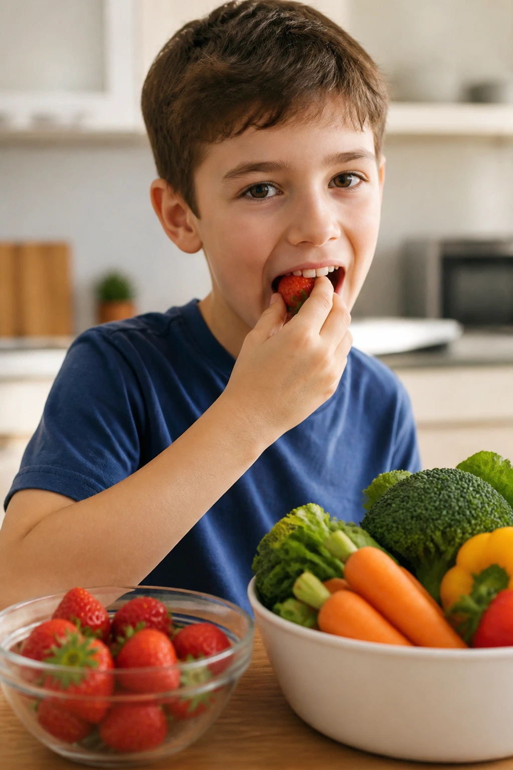 The 10 Best Fruits And Vegetables For Autism 2 Real person eating colorful fruit in a bright kitchen