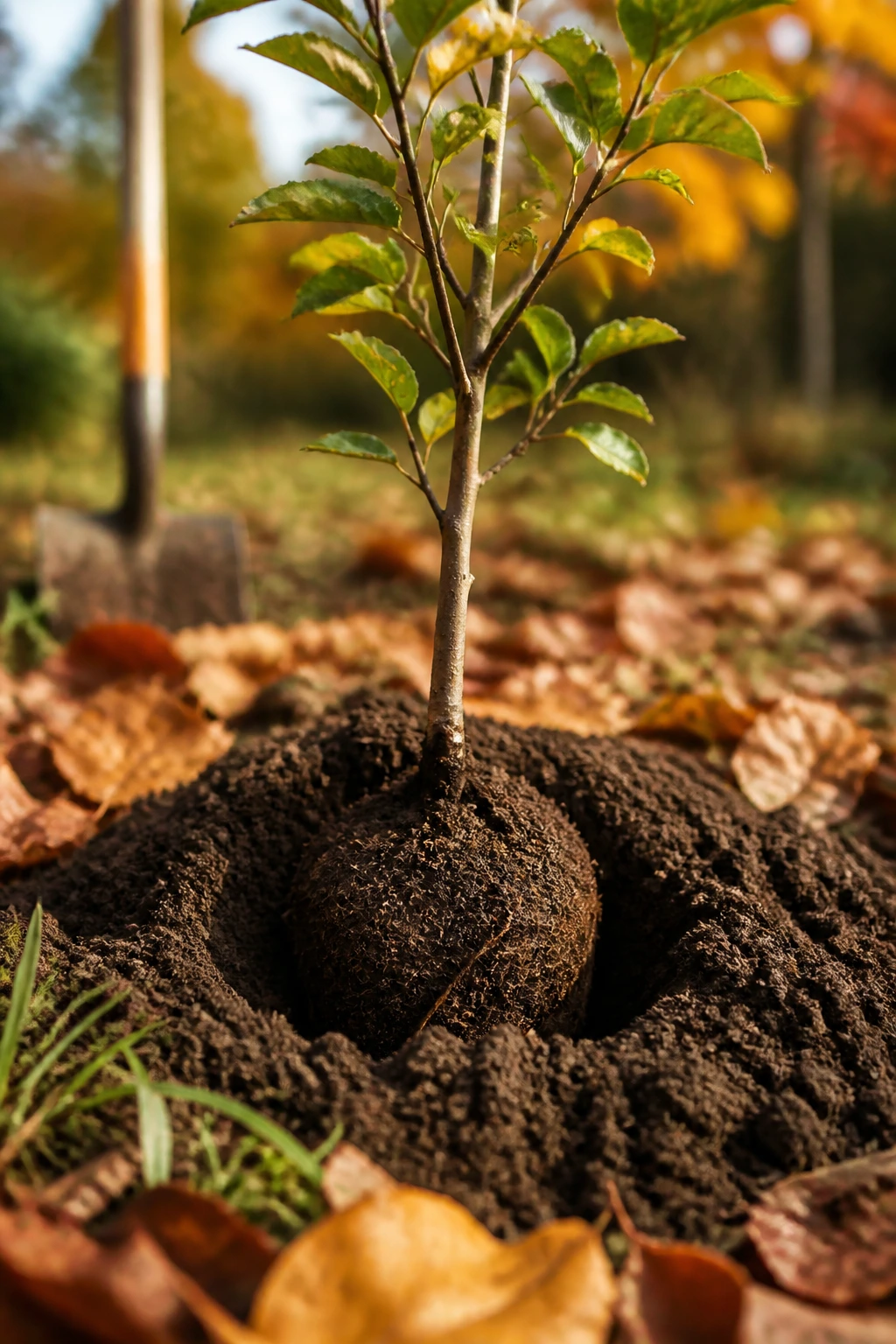 Can You Plant Fruit Trees In The Fall? 3 Close-up of a young fruit tree seedling with root ball preparing for autumn planting in a garden