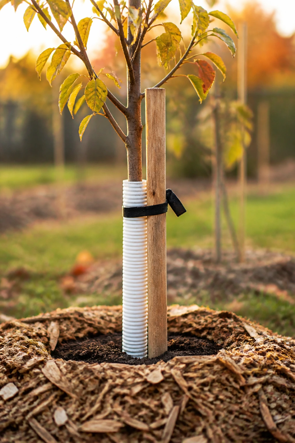 Can You Plant Fruit Trees In The Fall? 7 Young fruit tree staked with mulch around base in an autumn garden