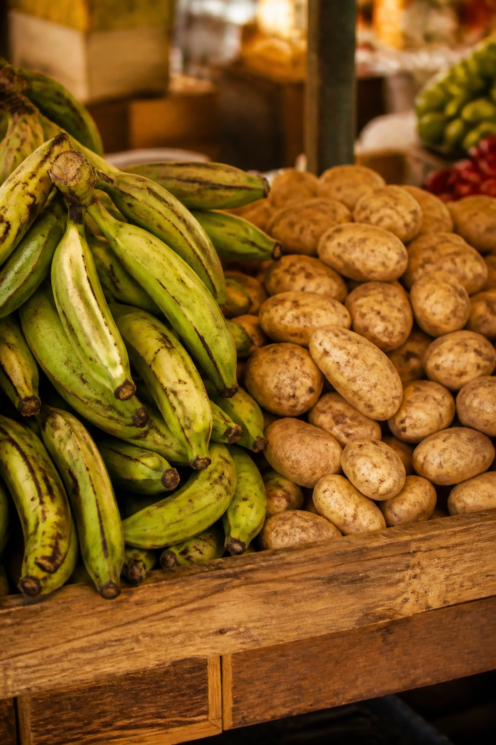 Plantain Vs Potato: Which is Better? Let's Find Out 8 Plantains and potatoes displayed at a market stall