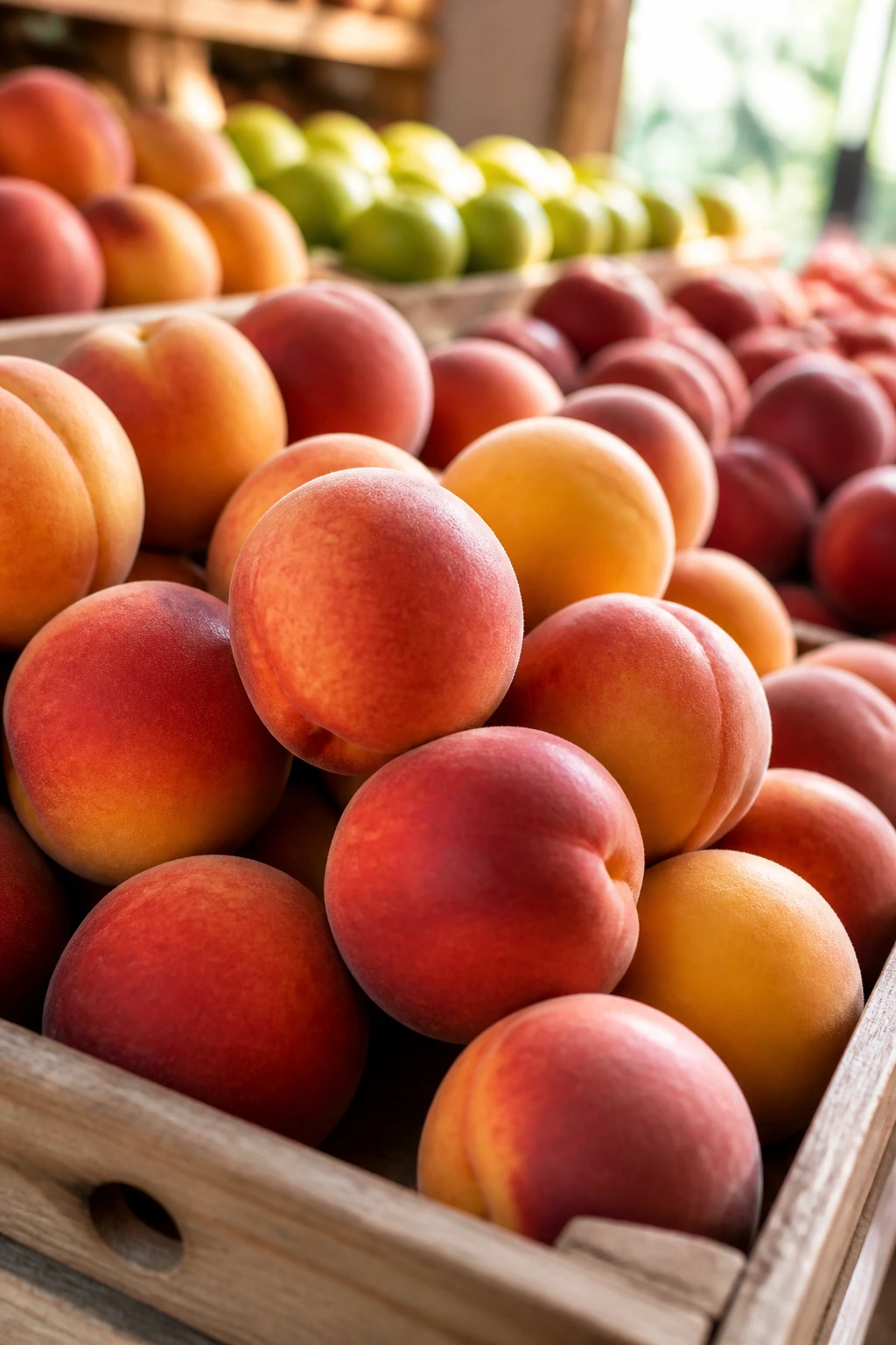 Is A Nectarine A Peach? What's Really The Difference? 9 Peaches in a market display indicating commercial availability