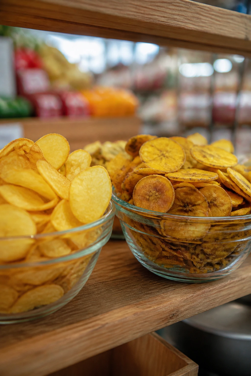 Plantain Chips Vs Potato Chips: Which is Better? 4 Chips in glass bowls on a store-like shelf suggesting where to find them.