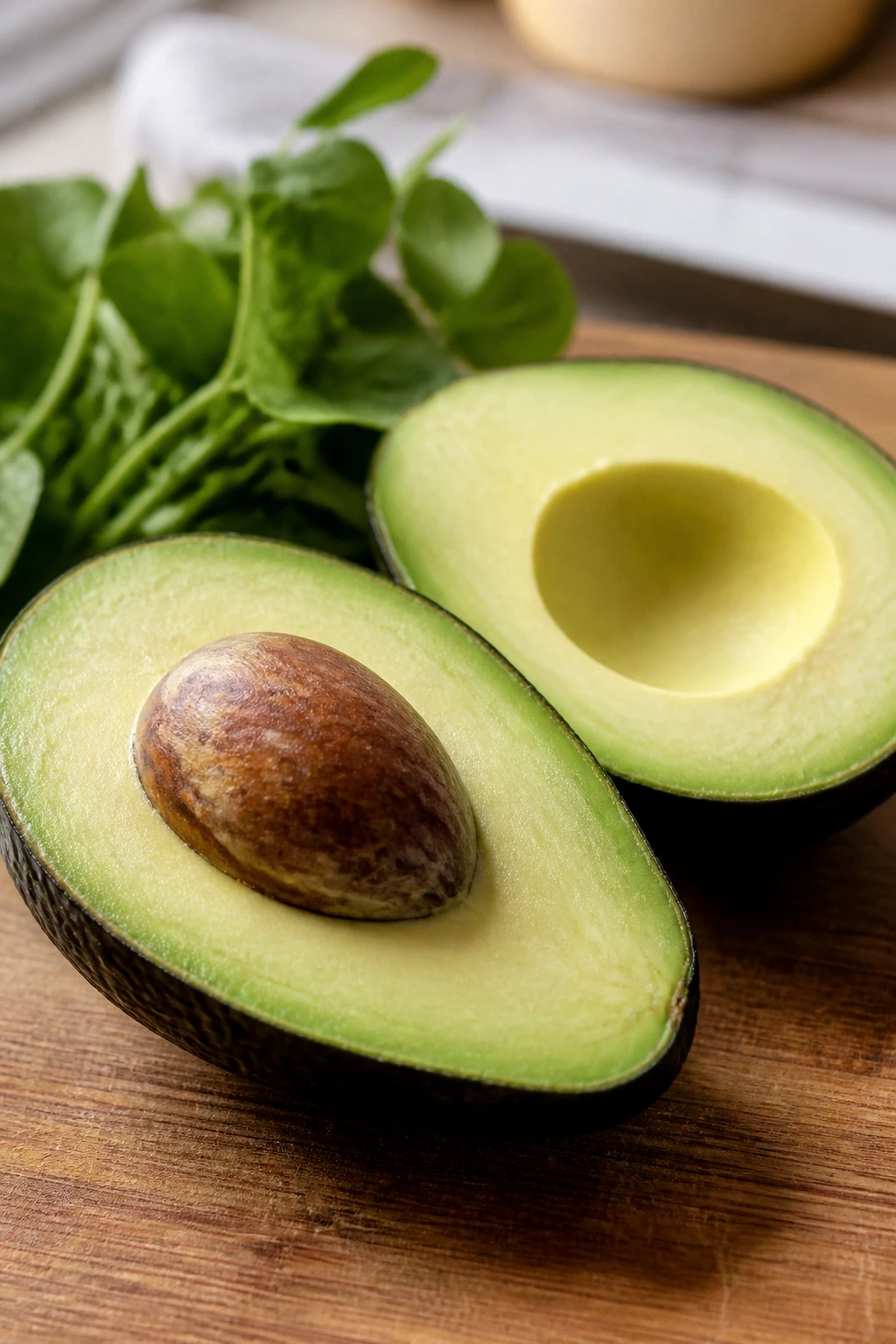 What Is The pH Of Avocados? Are They Acidic Or Alkaline? 6 Halved avocado on cutting board with greens in a bright kitchen