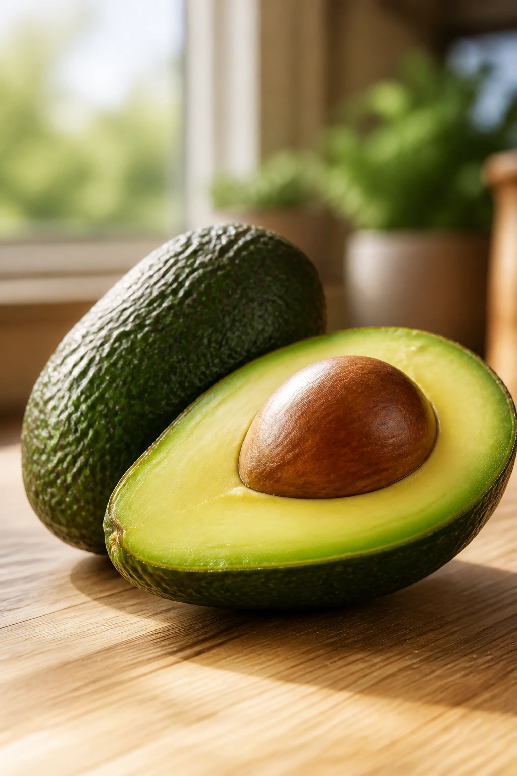 Ripe avocado on a wooden counter with soft natural light