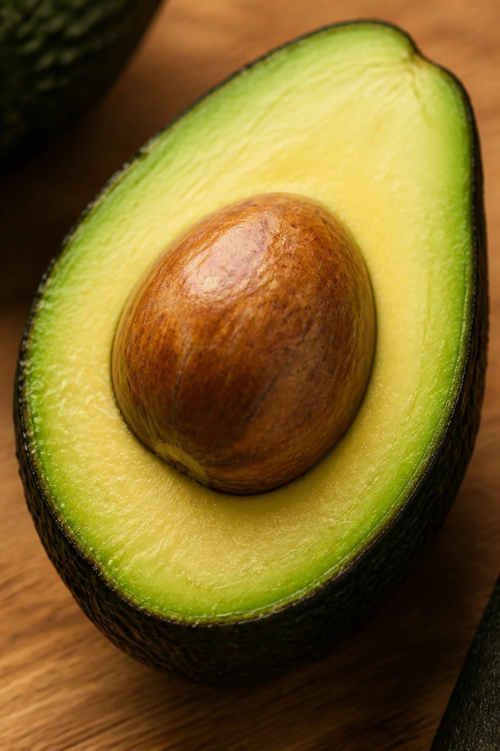 Halved avocado with green flesh and seed on wooden board