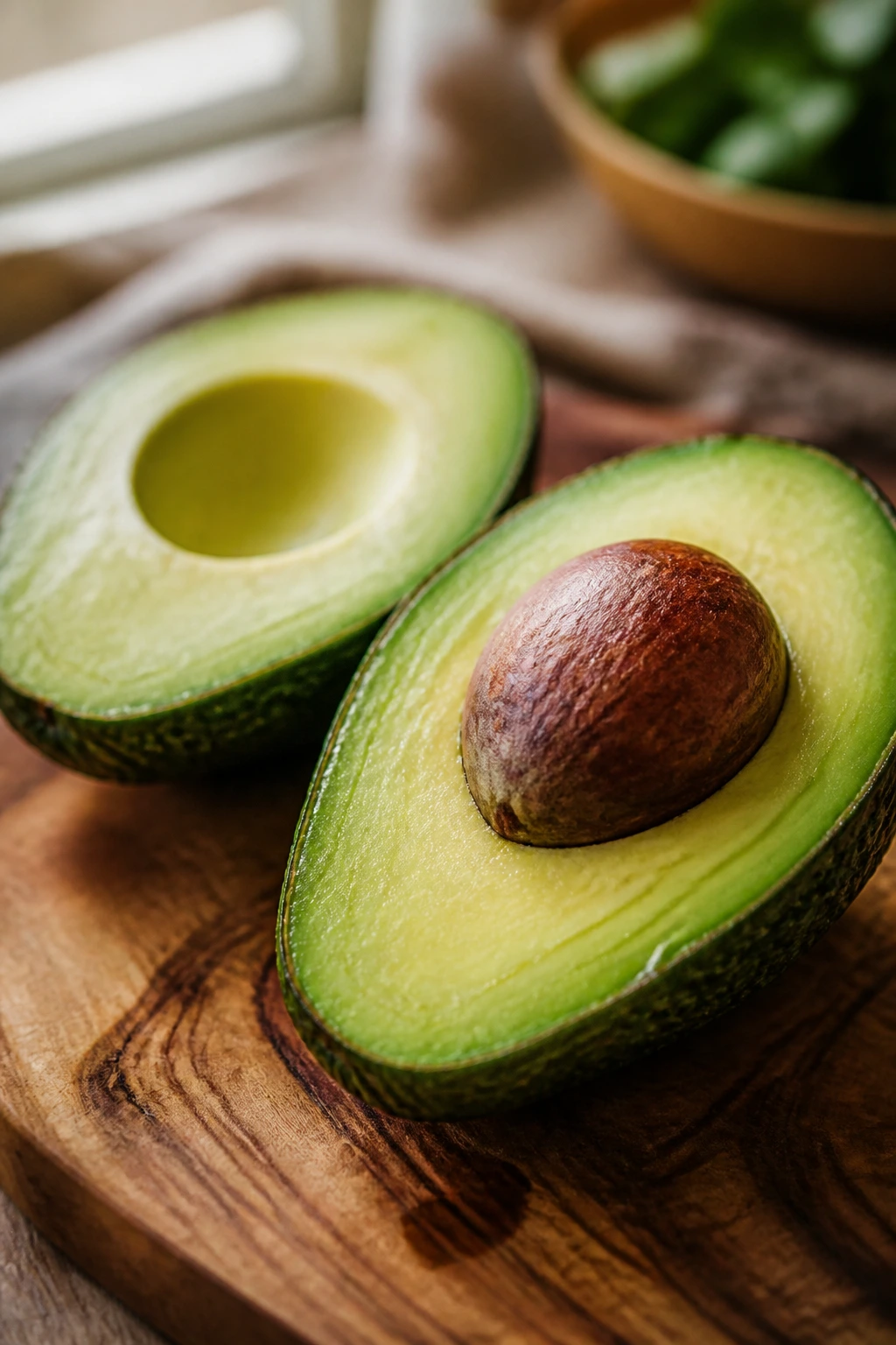 What Is The pH Of Avocados? Are They Acidic Or Alkaline? 7 Close-up of avocado halves showing creamy green flesh on a wooden cutting board