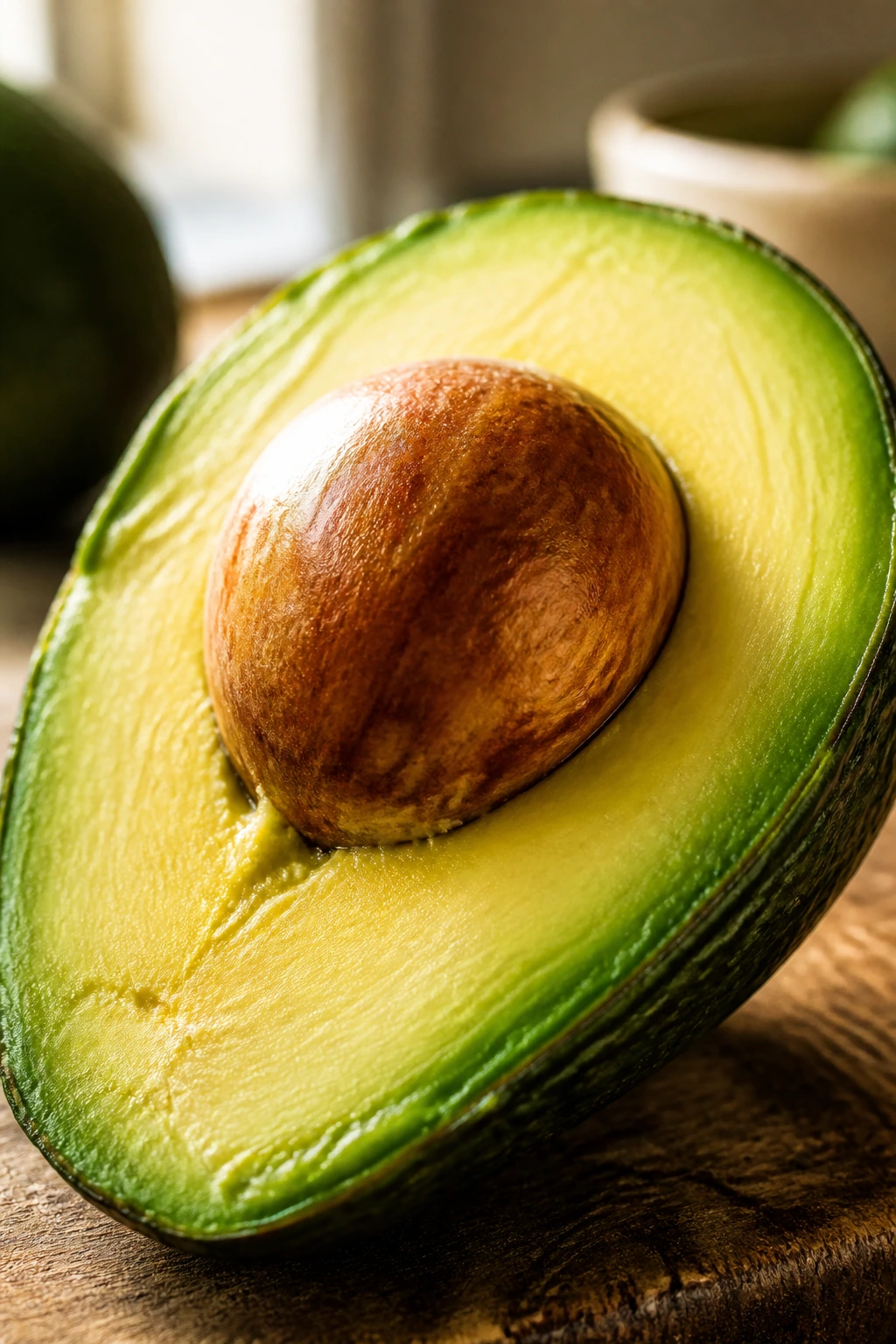 Is Avocado A Vegetable Or A Fruit? 1 Close-up of a ripe avocado half with vibrant green flesh on a wooden cutting board