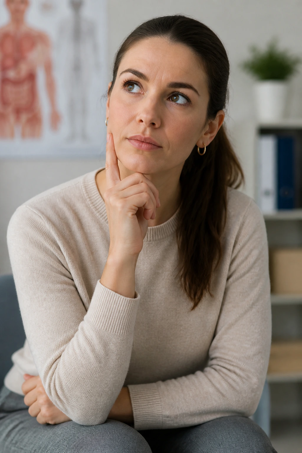 Thoughtful person in a clinical setting contemplating avocado and gastritis