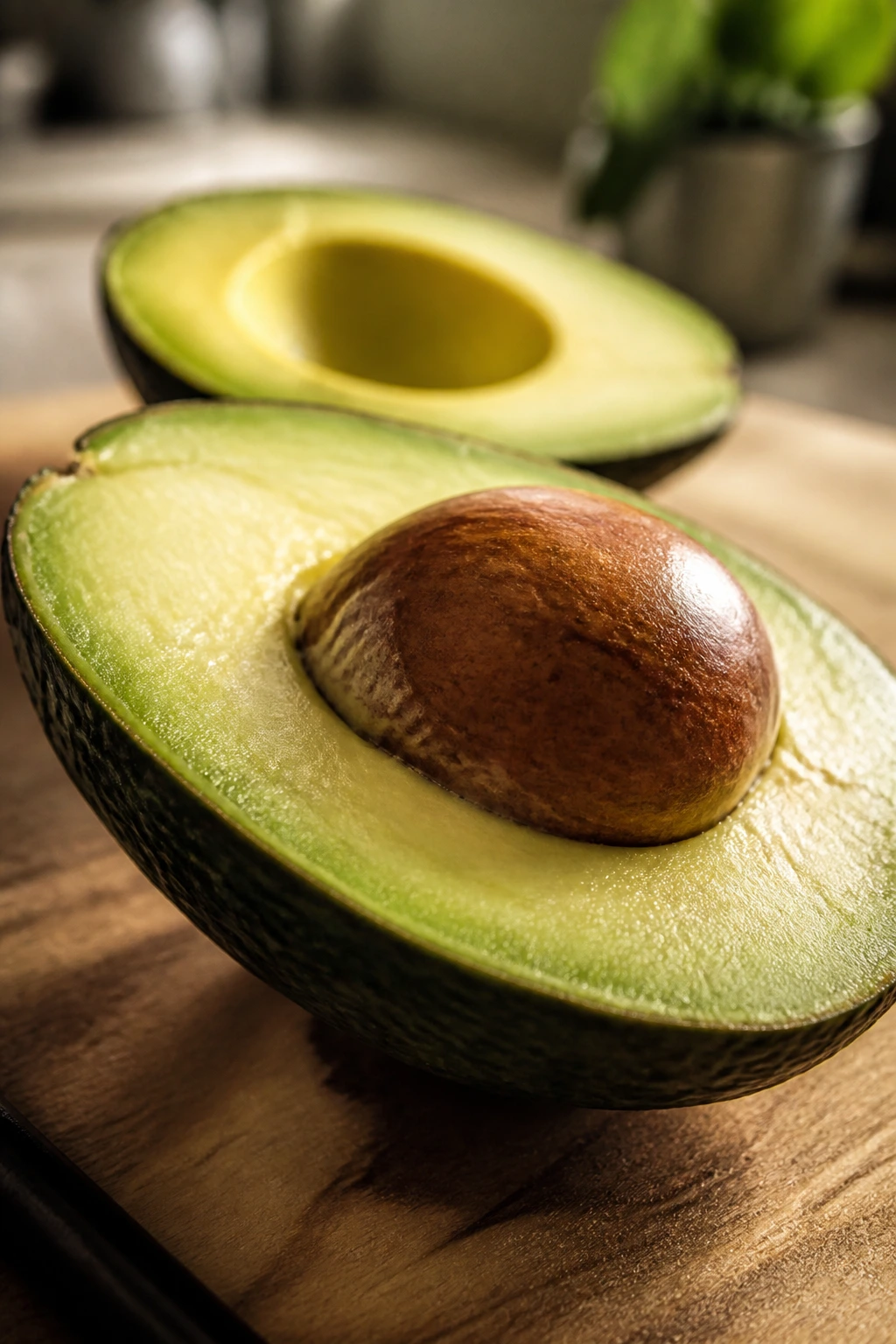 Avocado Vs Mango: The Ultimate Comparison 3 Close-up of a ripe avocado halved to show creamy flesh on a wooden cutting board