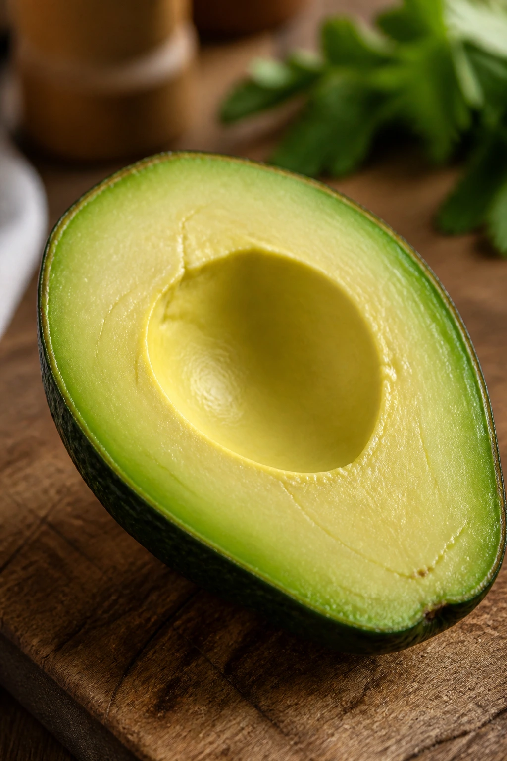 What Is The pH Of Avocados? Are They Acidic Or Alkaline? 2 Close-up of halved avocado showing bright green flesh on wooden board