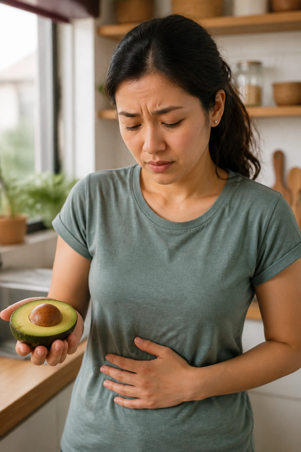 Portrait of a real person in a kitchen touching their stomach with avocado in view