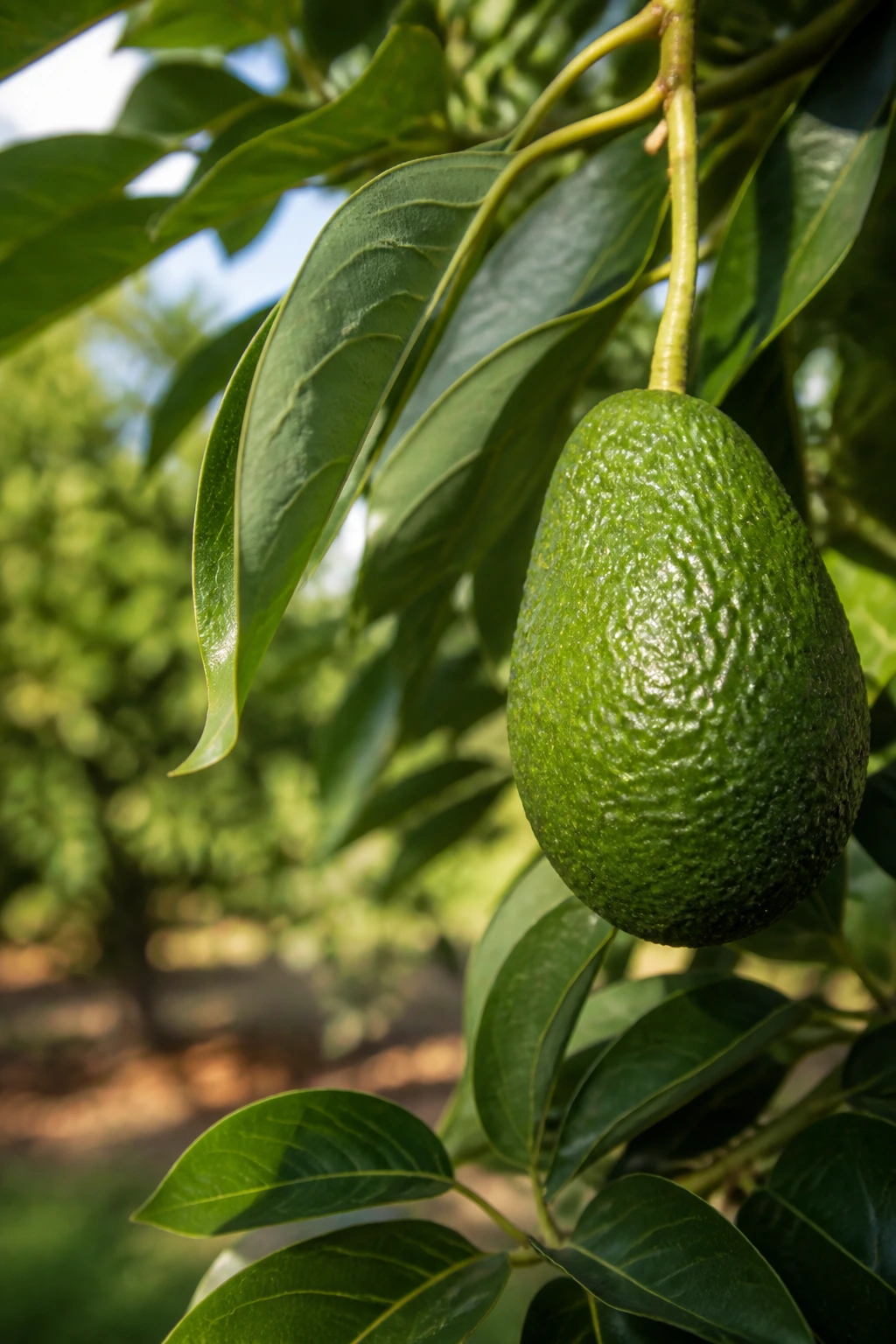 Can You Grow Avocados In Georgia? Yes, And Here's How 3 Close-up of an avocado on a branch in a sunlit Georgia garden.