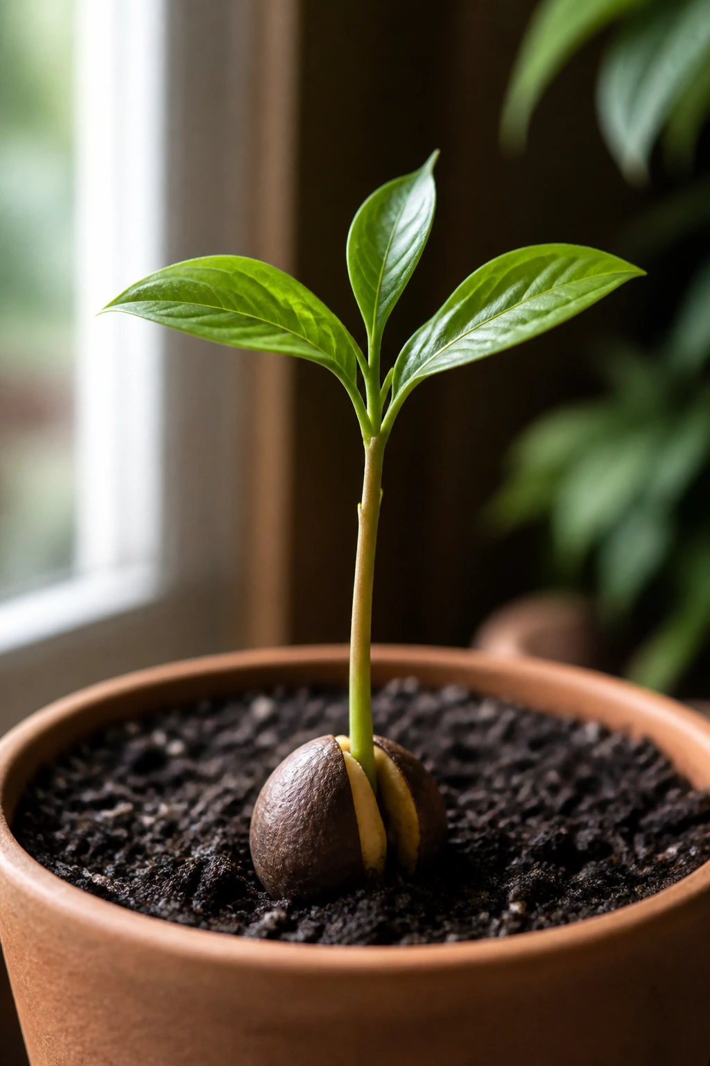 How Often Does An Avocado Tree Bear Fruit? 1 Close-up of avocado seedling sprouting in soil in a pot