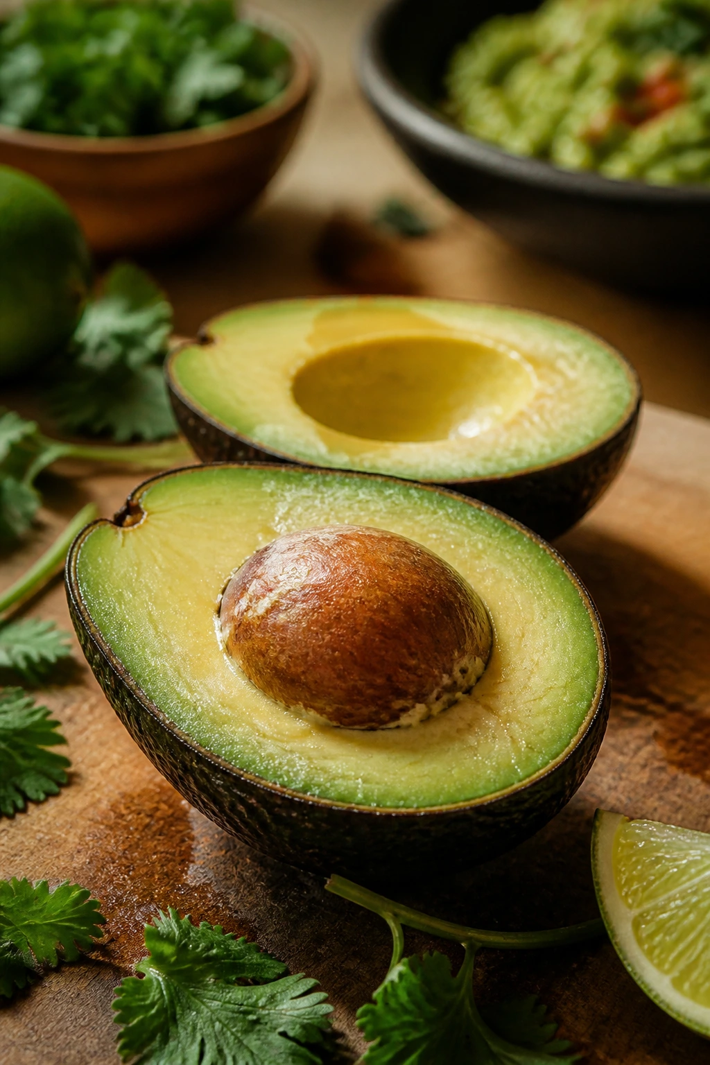 Avocado halves suggesting guacamole usage in Mexican cooking