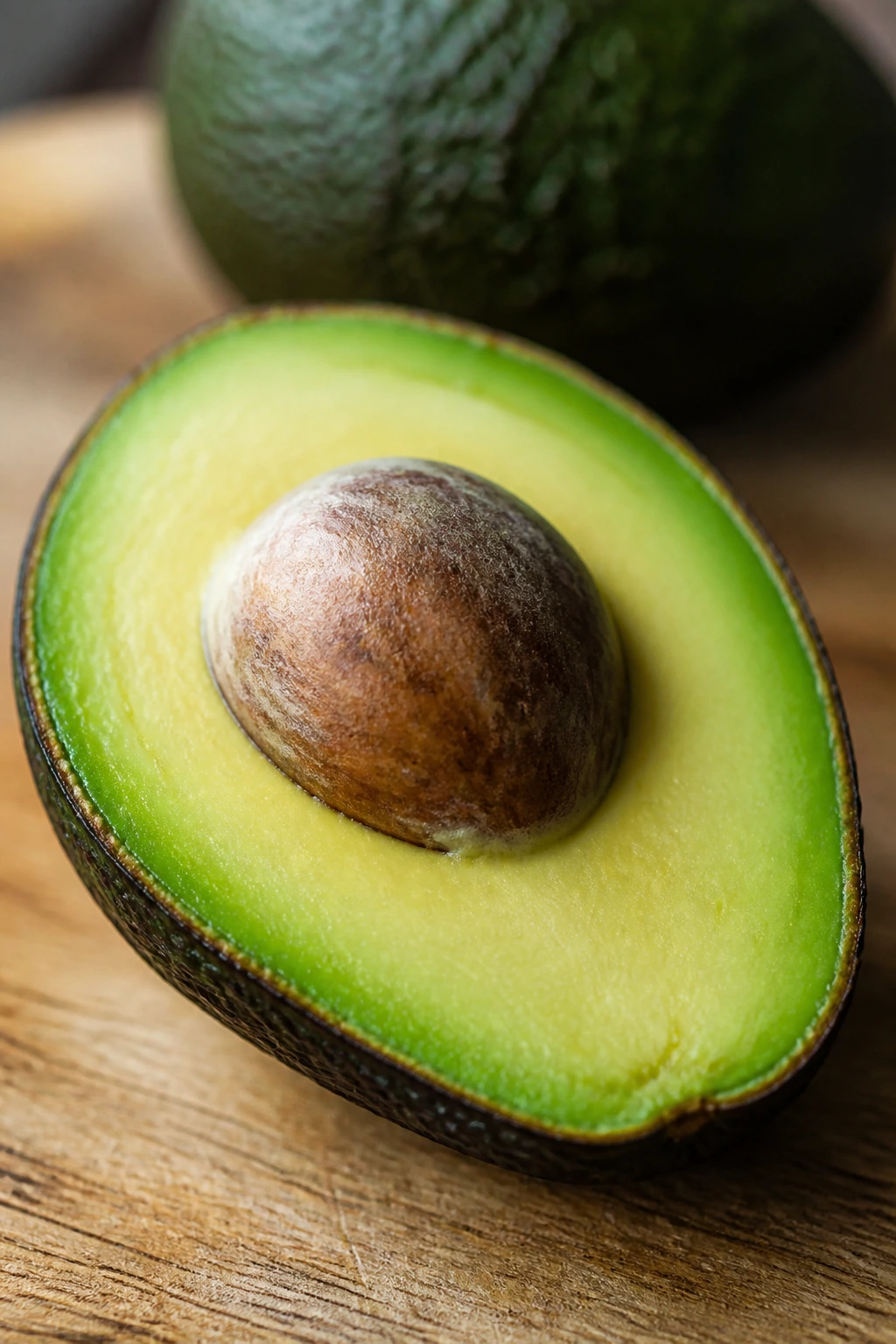 Close up of avocado half with seed on wood