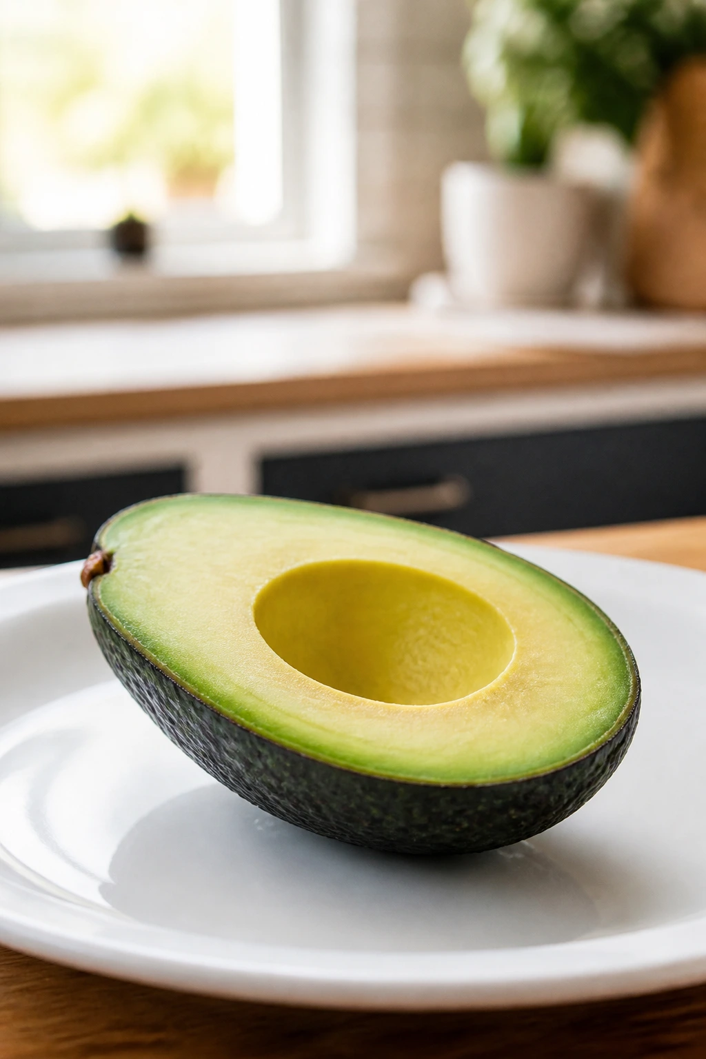 Close-up of an avocado half on a white plate in a bright kitchen
