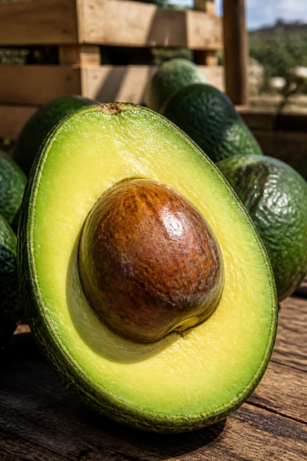 Close-up of a ripe avocado half with vibrant green flesh in a market setting