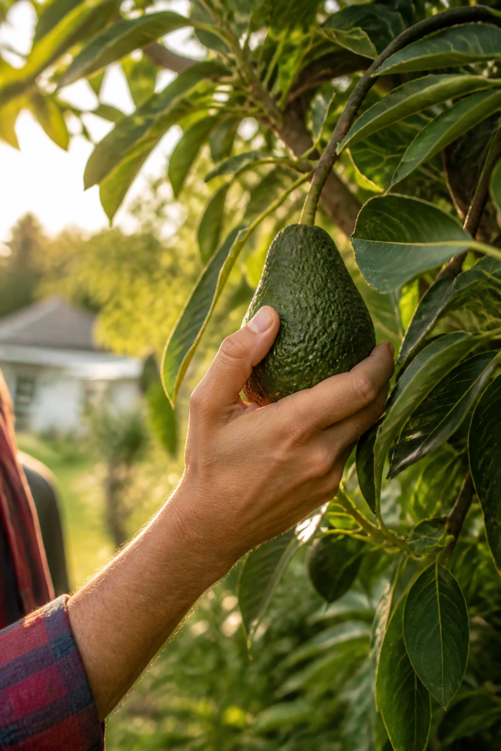 Can You Grow Avocados In Georgia? Yes, And Here's How 8 Person harvesting a ripe avocado from a tree in a sunny Georgia garden.