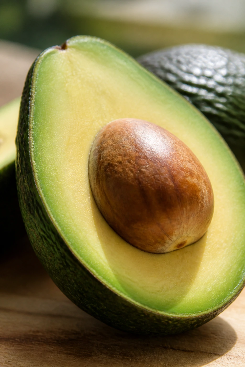 Halved avocado showing creamy flesh and seed for health benefits