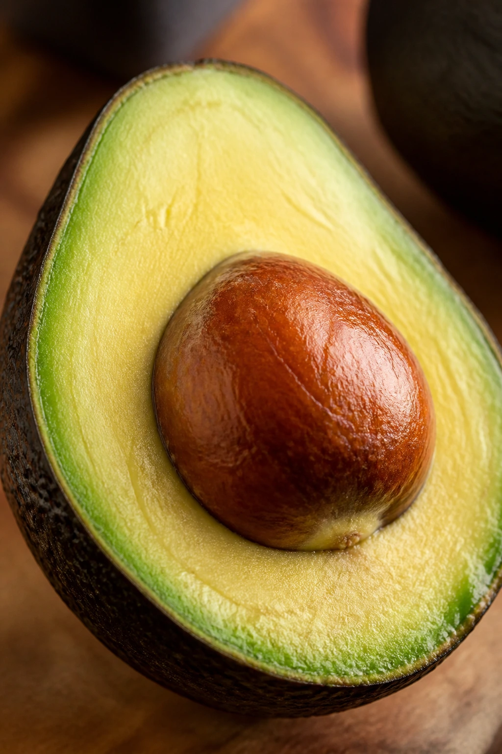 Close-up of a ripe avocado half with green flesh and seed