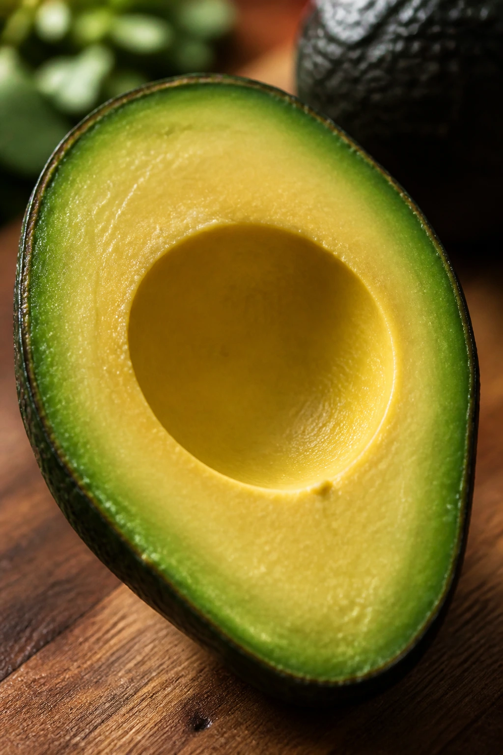 Close-up of halved avocado on wooden surface