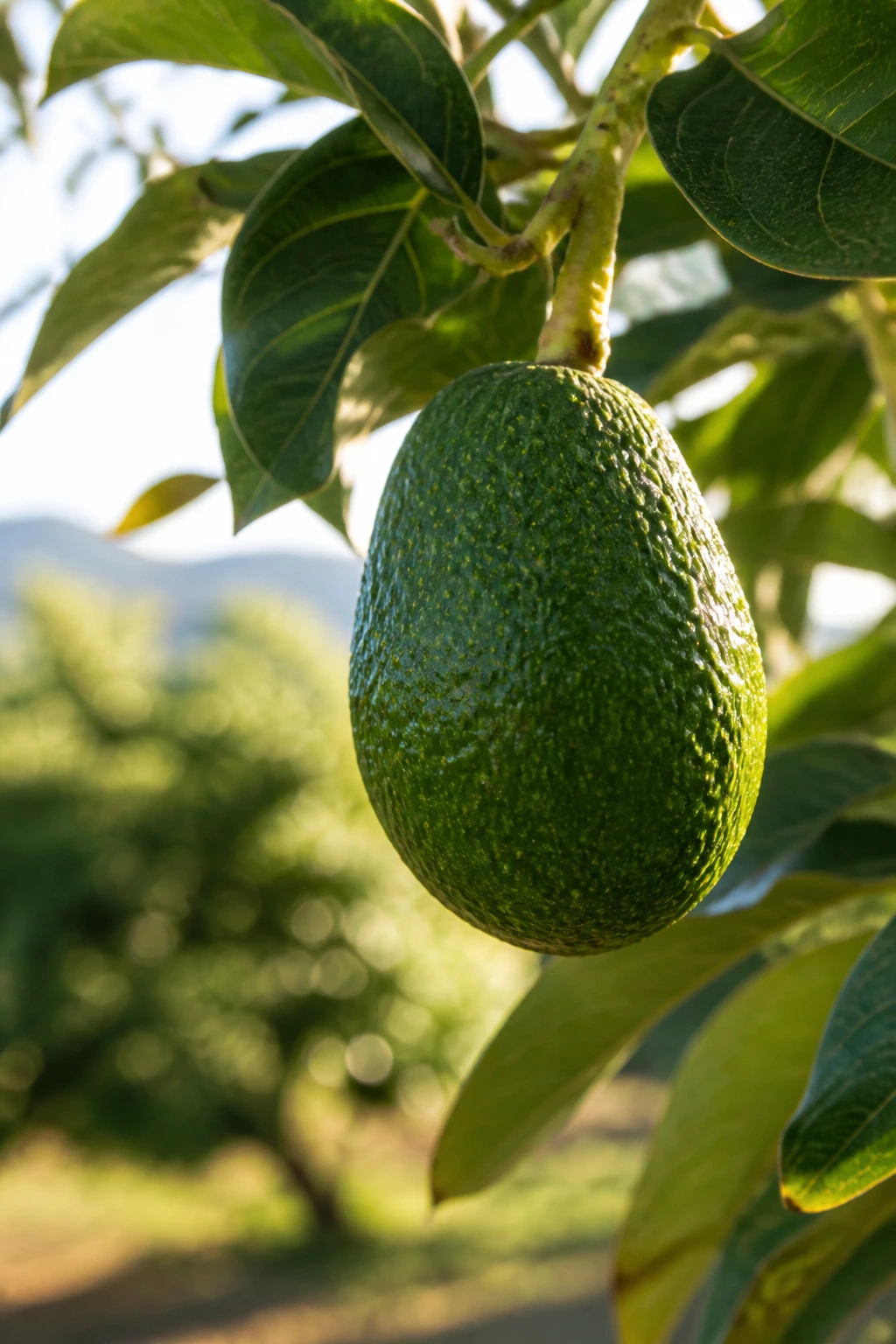 Ripe avocado on a tree branch in a sunlit orchard