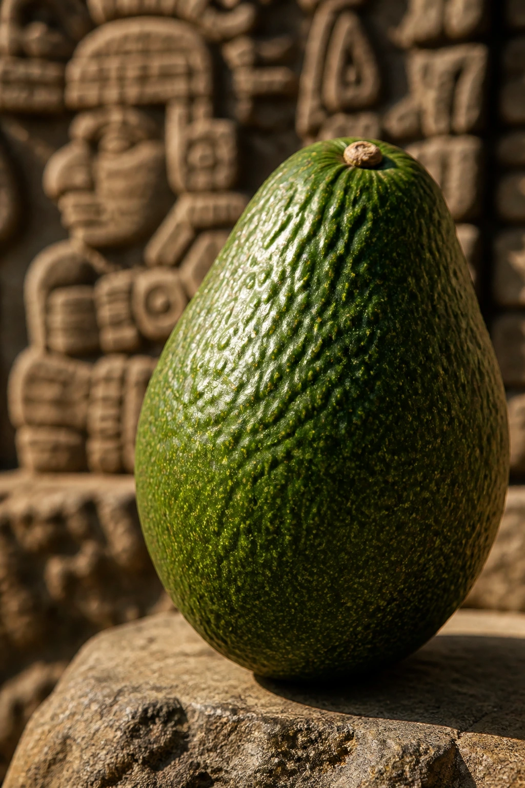 Avocado with Aztec background highlighting history of Mexico's national fruit