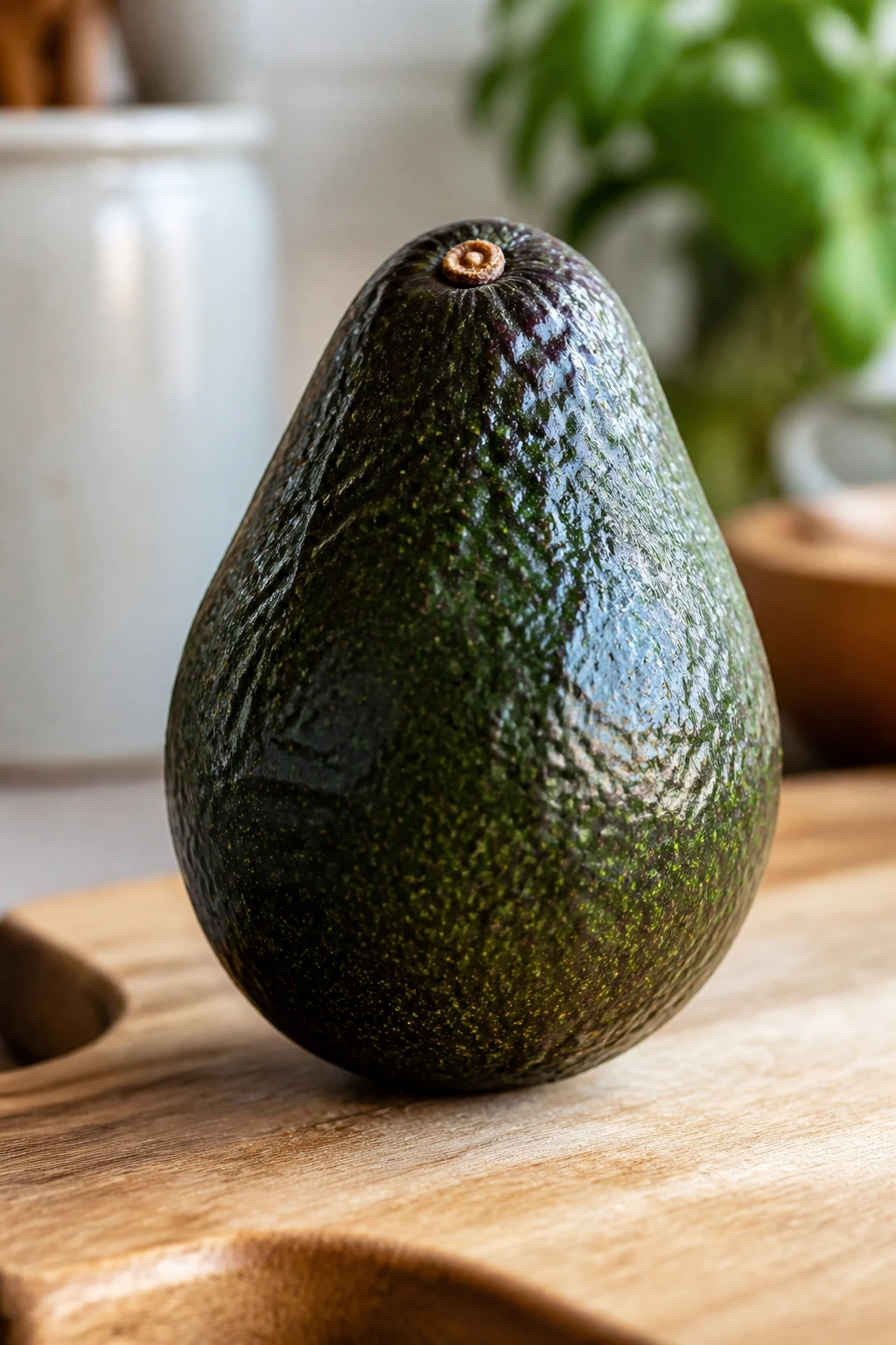Avocado on cutting board with pear shape and green-to-black skin