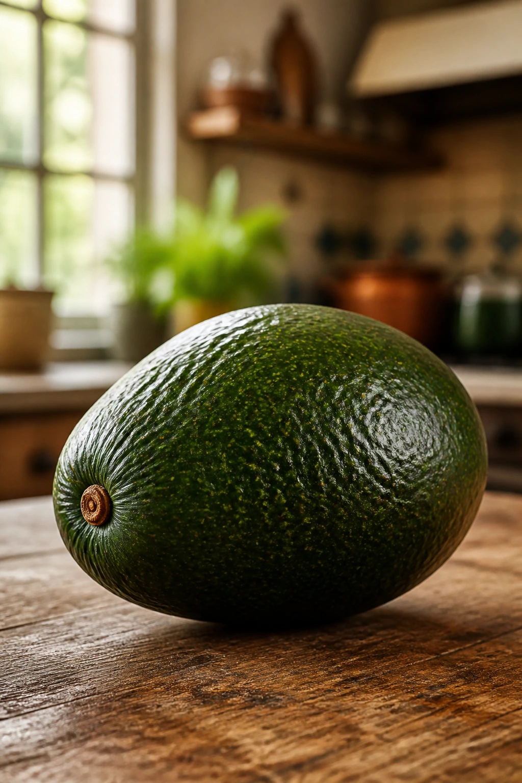 Ripe avocado on rustic kitchen counter bathed in warm light