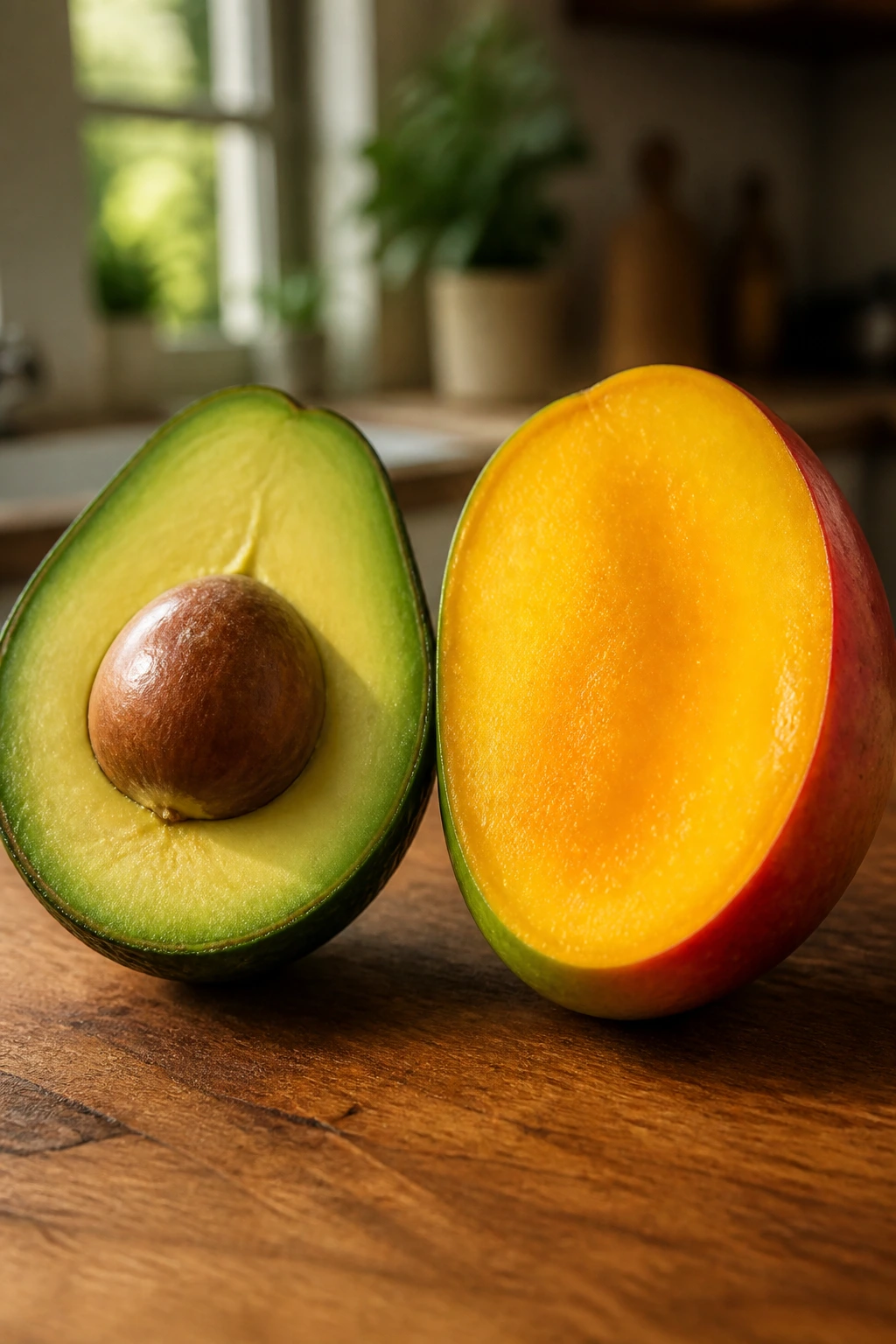 Avocado Vs Mango: The Ultimate Comparison 2 Close-up of avocado and mango halves on a wooden counter