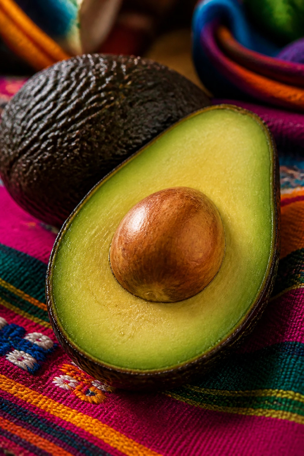 Avocado on colorful Mexican textile reflecting cultural significance