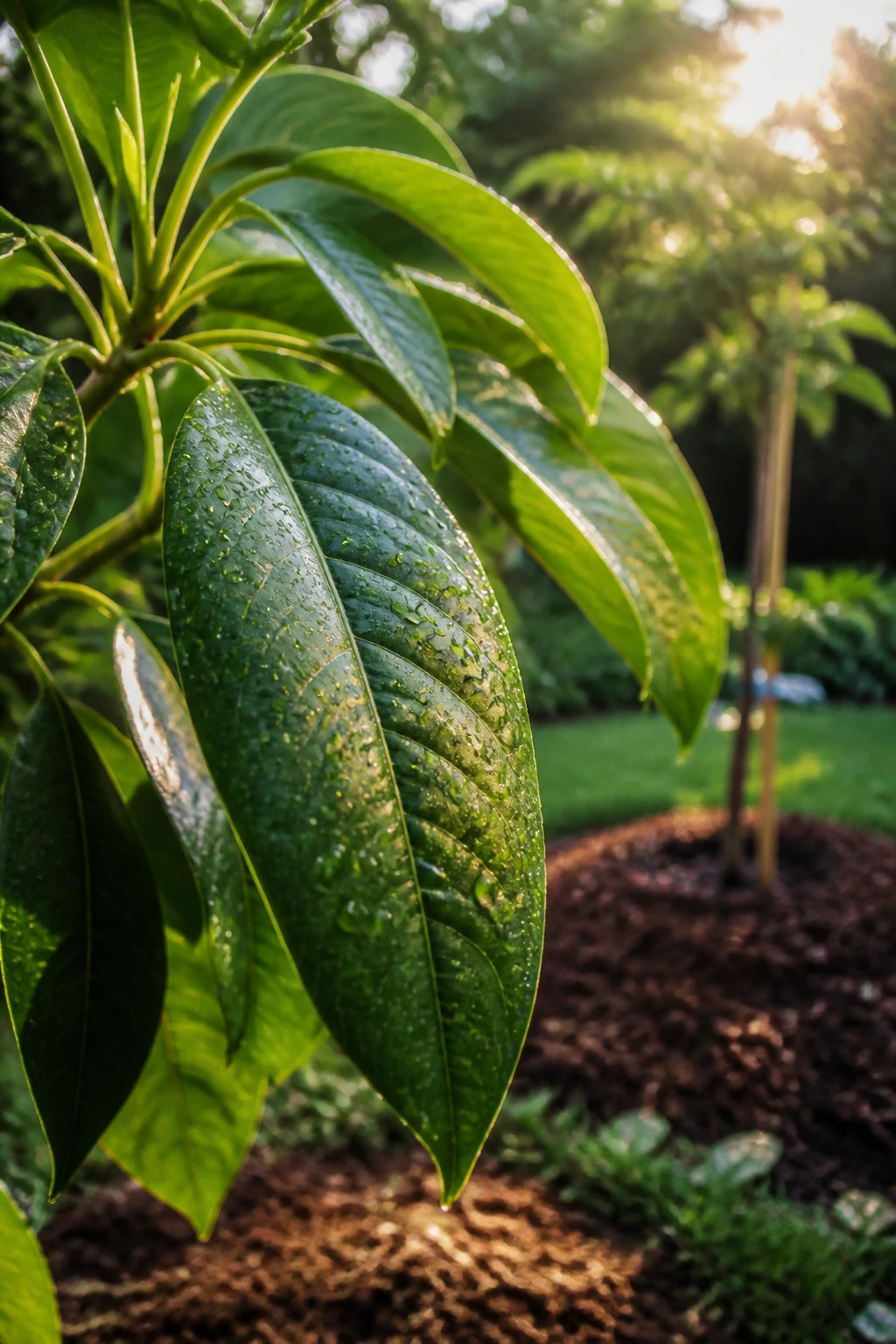Can You Grow Avocados In Georgia? Yes, And Here's How 5 Close-up of a healthy avocado leaf with water droplets in a sunny Georgia garden.