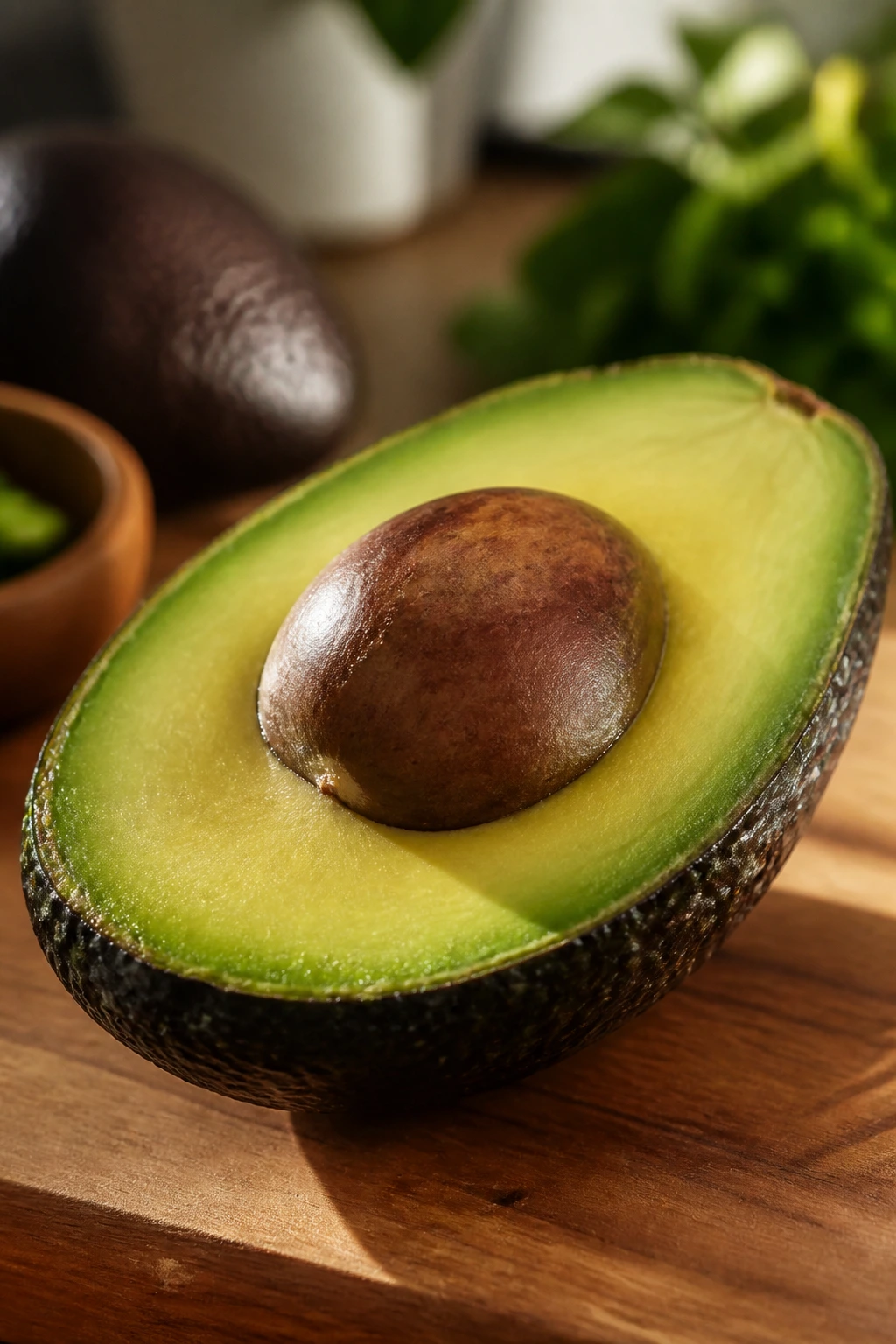 Halved avocado on a wooden counter showing vibrant green flesh
