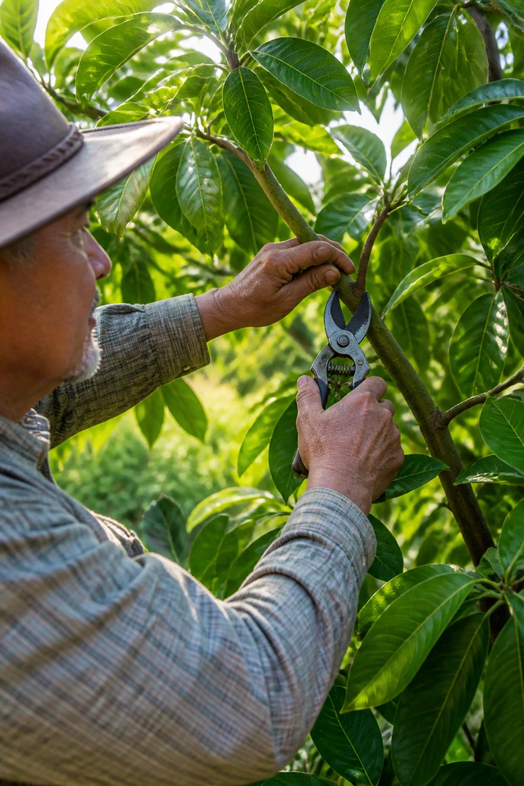 How Often Does An Avocado Tree Bear Fruit? 5 Gardener pruning an avocado tree branch in garden